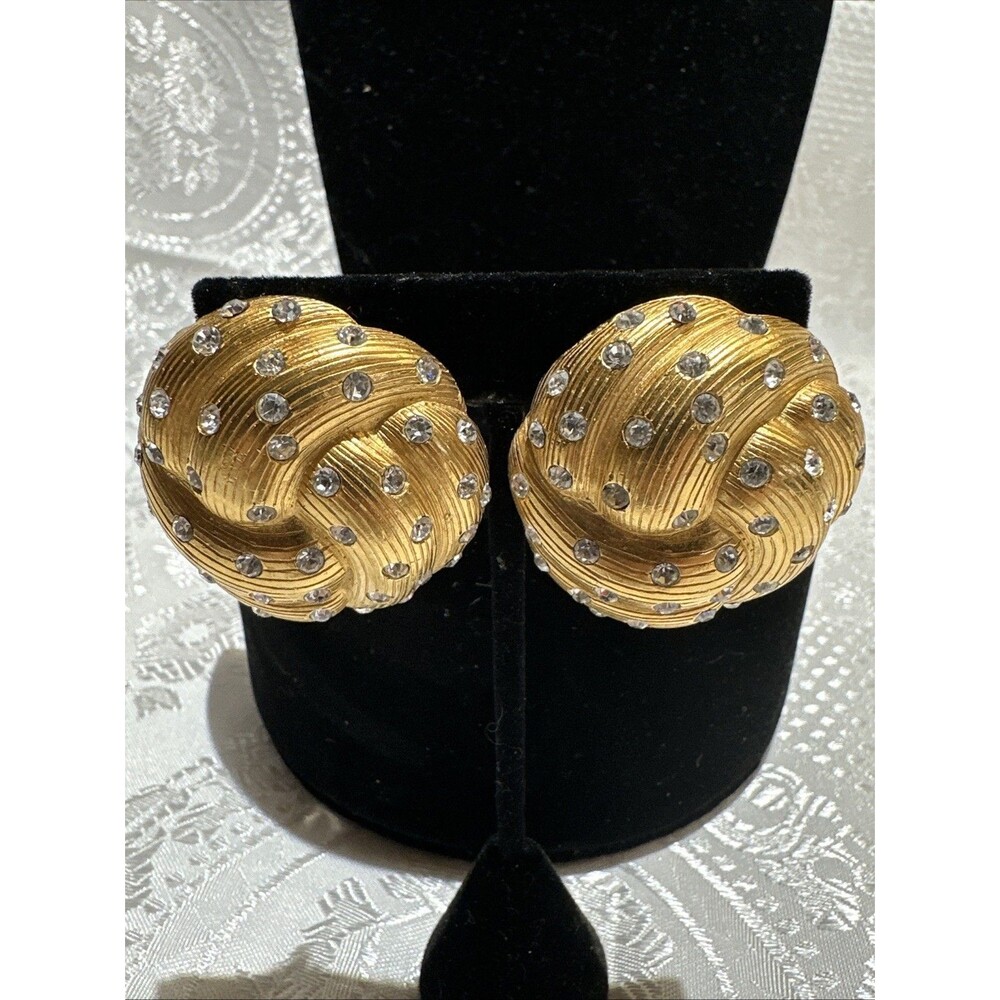 Gold Tone Rhinestone ESSEX Knot Clip Earrings